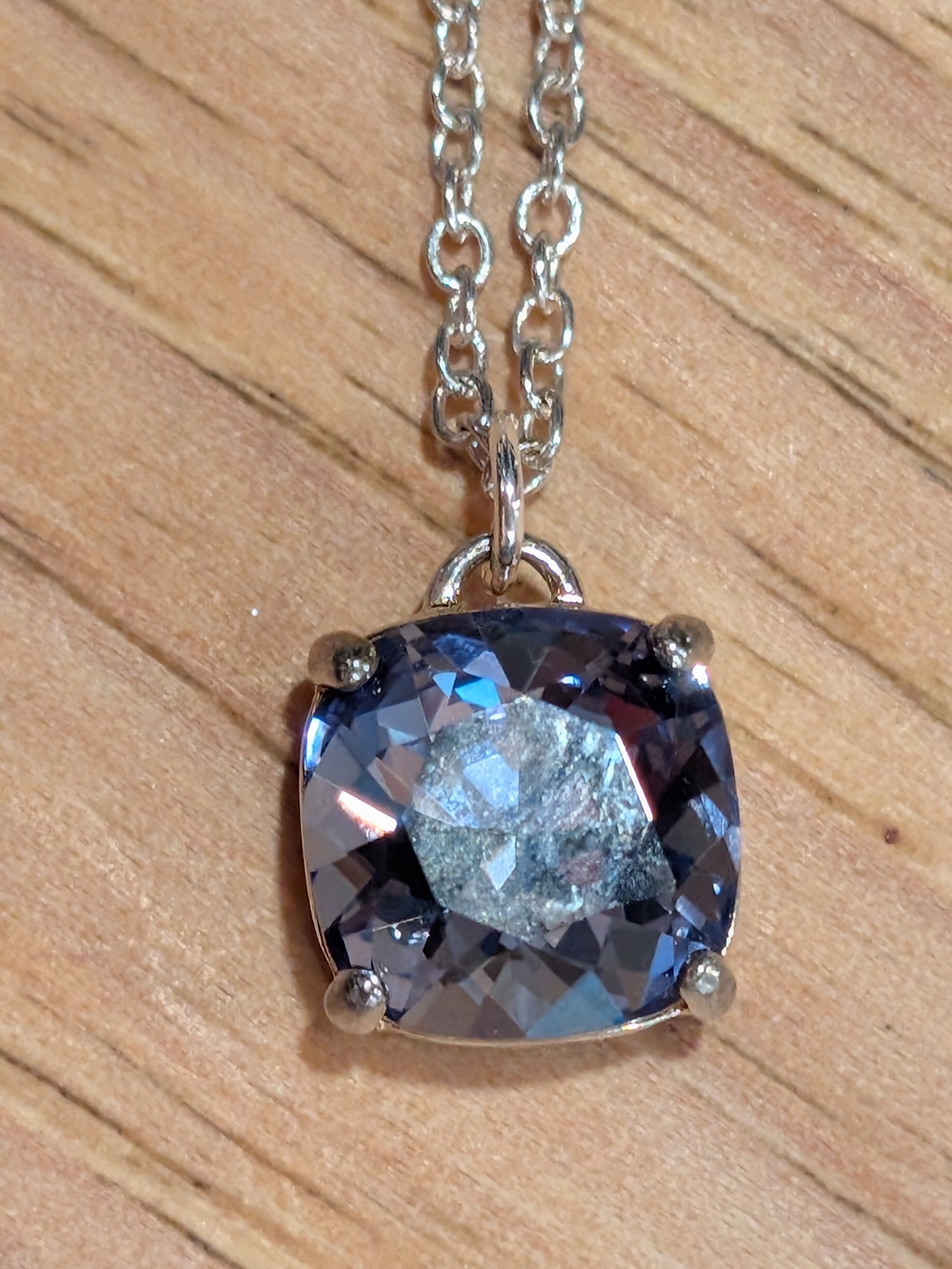 Silver Chain Necklace with Purple Cushion-Cut Swarovski Crystal Pendant